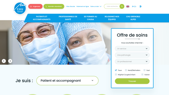 Healthcare website with a search form and smiling medical staff in masks.