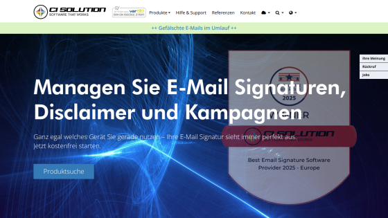 CI Solution homepage with navigation and hero section about managing email signatures, disclaimers, and campaigns