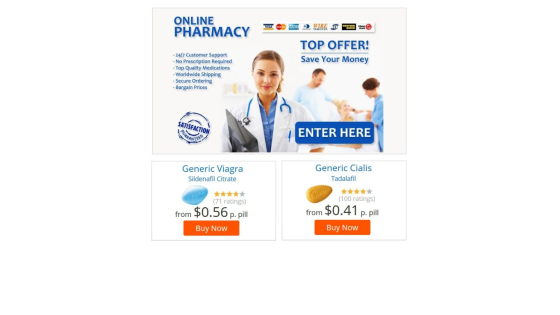 Online pharmacy homepage with top offer, customer support details, and generic Viagra and Cialis products with prices and buy buttons