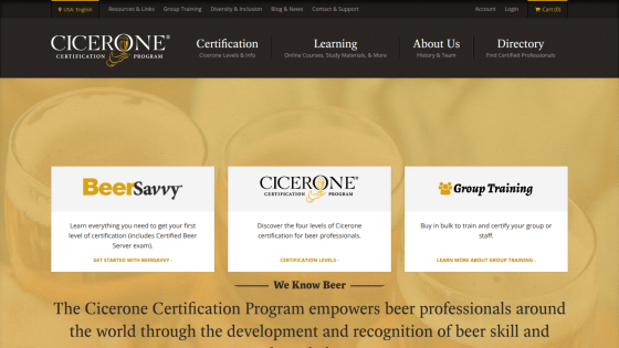 Cicerone Certification Program homepage offering beer certification levels, BeerSavvy exam, and group training options
