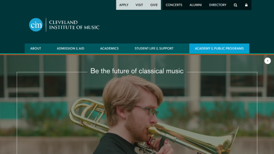 Cleveland Institute of Music homepage with navigation and hero image of a man playing trombone, text 'Be the future of classical music'.
