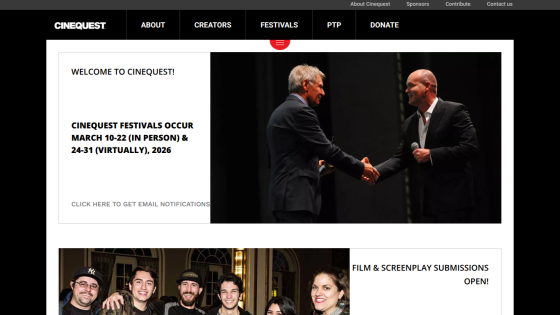 Cinequest festival dates for March 2026 and film & screenplay submissions open with images of people and handshake