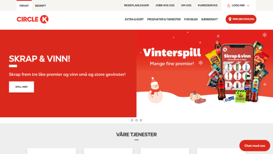 Circle K website with a winter scratch-and-win promotion offering many prizes and a button to play
