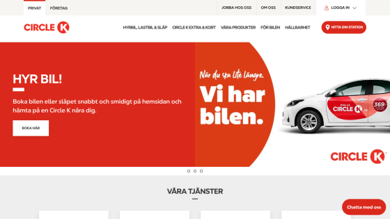 Circle K car rental service promotion with booking button and car image on red and white background.