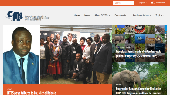 Homepage of CITES featuring a prominent image and news updates.