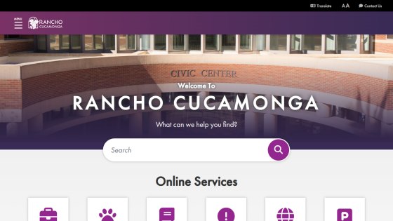Rancho Cucamonga city website welcome page with search bar and online services icons