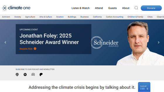 Climate One website featuring Jonathan Foley as 2025 Schneider Award Winner and climate crisis discussion