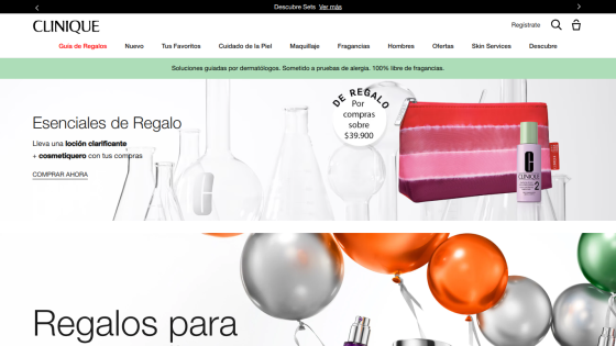 Clinique website with gift essentials promotion offering clarifying lotion and cosmetic bag for purchases over $39,900