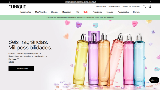 Clinique homepage featuring colorful fragrance bottles and promotional text.