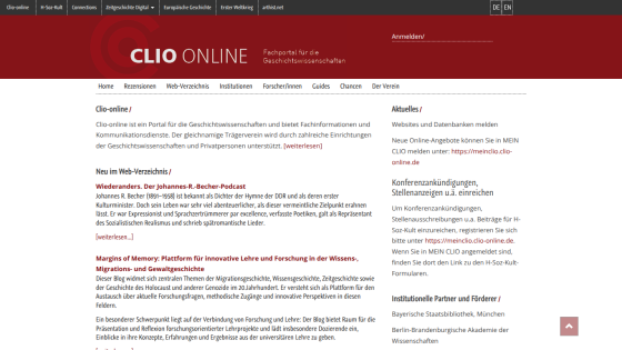Clio-online portal homepage with navigation and introductory text about history sciences resources