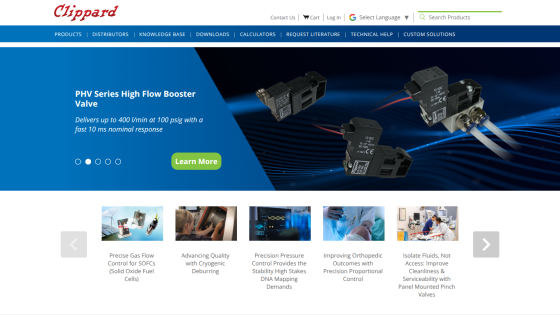 Homepage featuring Clippard's state feedback pinch valves with a 'Learn More' button.