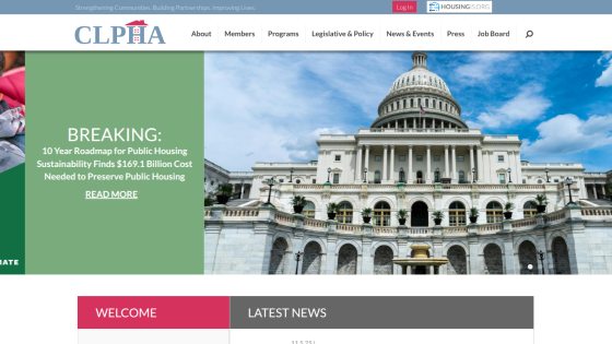 CLPHA website with navigation menu and headline about federal government shutdown after Congress and Trump fail to make a deal