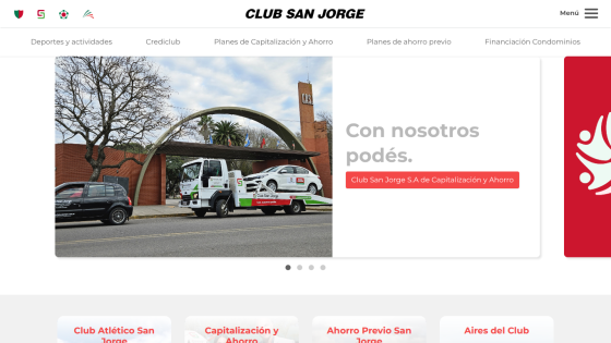 Club San Jorge homepage with navigation menu and hero section promoting capitalization and savings plans