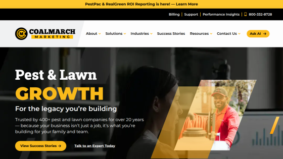 Website header for pest and lawn growth services with a call to action.