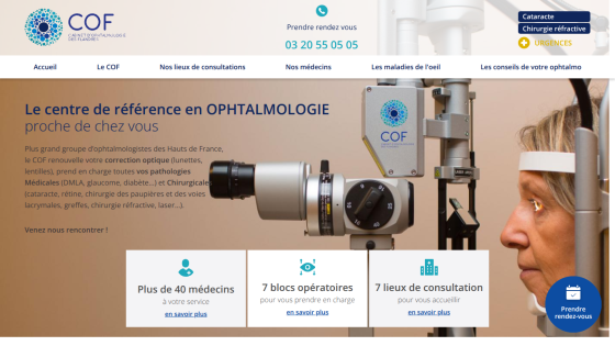 Ophthalmology center homepage with contact number, services overview, and patient eye examination image