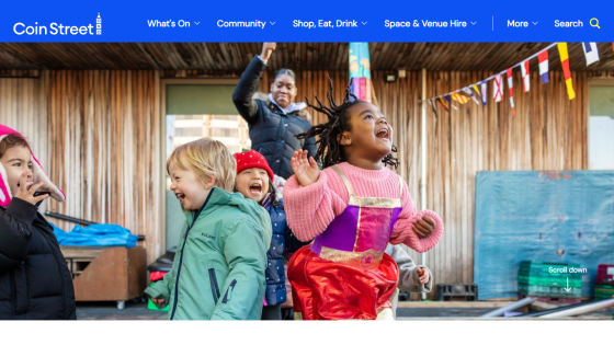 Coin Street website header with navigation and a hero image of children playing joyfully outdoors.