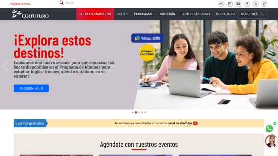 Website promoting new language study scholarships section with a call to explore destinations and a button to enter.