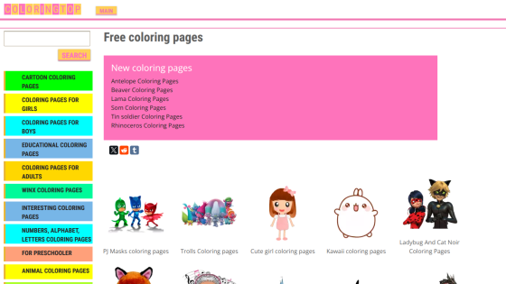 Homepage for free coloring pages with categories and images of characters.