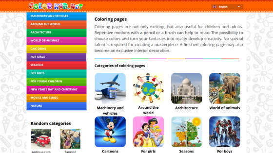 Coloring pages website with categories for various themes and a brief description.