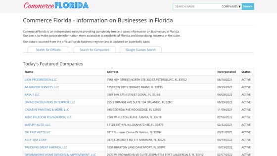 Commerce Florida homepage with business information, search bar, and today's featured companies list.