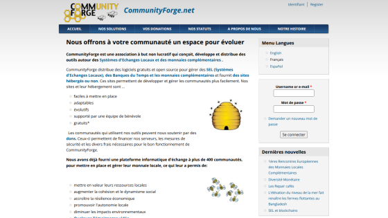 CommunityForge website offering free open source tools for local exchange systems and complementary currencies with login and news sections