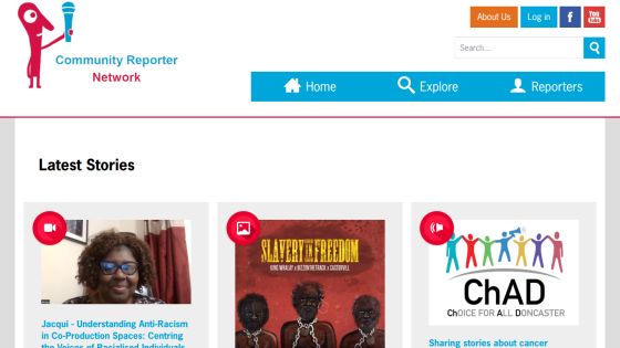 Community Reporter Network homepage with navigation and latest stories including anti-racism and cancer awareness topics