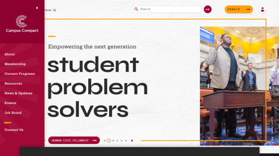Campus Compact homepage highlighting student problem solvers with navigation menu and donate button