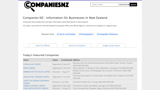 Companies NZ homepage displaying information on businesses in New Zealand and featured companies.