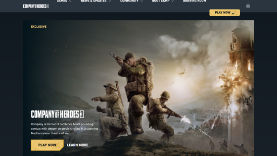 Company of Heroes 3 game promotion with soldiers in combat and options to play now or learn more
