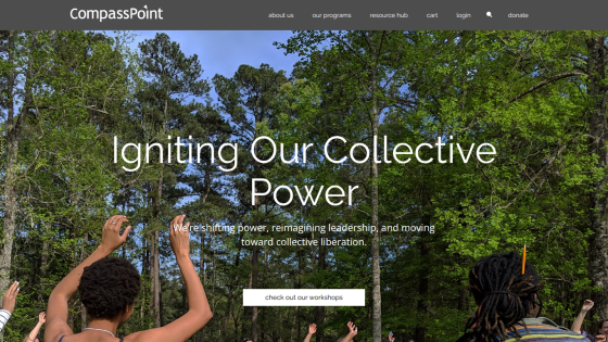 CompassPoint website with navigation and a hero section titled 'Igniting Our Collective Power' promoting workshops