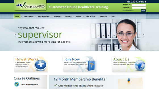 Compliance PhD website offering customized online healthcare training with navigation and membership benefits