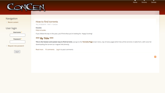 User login section with navigation and instructions on finding torrents.