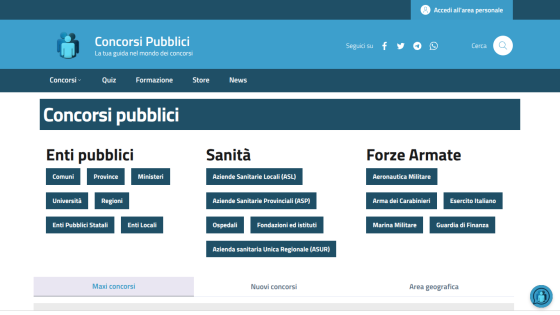 Homepage of Concorsi Pubblici featuring public competitions and categories for various sectors.