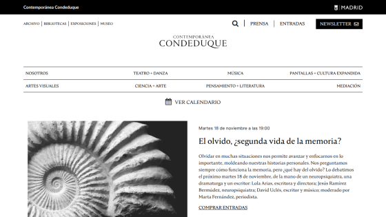 Contemporánea Condeduque website showing event 'El olvido, ¿segunda vida de la memoria?' with date, description, and ticket link