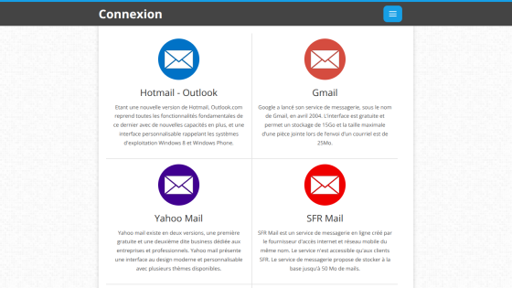 Email service options including Hotmail, Gmail, Yahoo Mail, and SFR Mail.