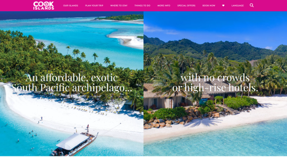 Cook Islands tourism site with tropical island images and text promoting an affordable, exotic South Pacific archipelago with no crowds or high-rise hotels