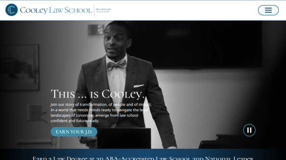 Cooley Law School homepage with a man speaking and text inviting to earn a J.D. degree