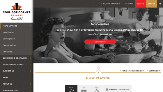 Coolidge Corner Theatre homepage featuring Noirvember film noir event with ticket button and navigation menu