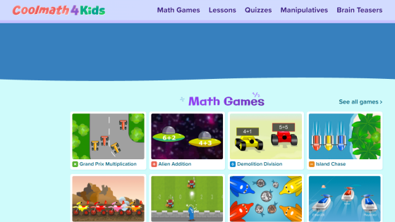 Homepage of Coolmath 4 Kids featuring various math games and categories.