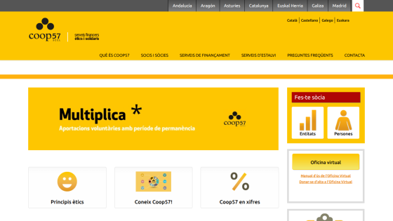 Coop57 financial services homepage with navigation, voluntary contributions banner, and links to ethical principles and virtual office.