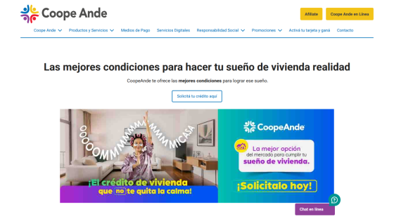 Coope Ande homepage promoting housing solutions with a cheerful image and call to action.