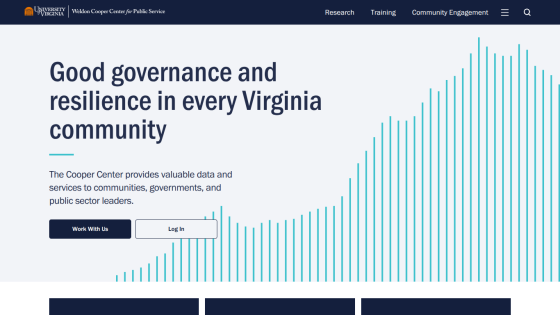 University of Virginia Weldon Cooper Center homepage promoting governance and resilience in Virginia communities with work and login options