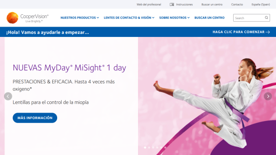 Promotional banner for MyDay MiSight 1 day lenses with a woman performing a kick.