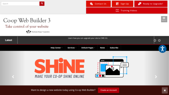 Coop Web Builder 3 homepage featuring 'SHINE' tagline and navigation options.