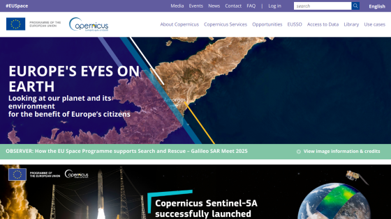 Homepage of Copernicus with a focus on environmental monitoring for citizens.