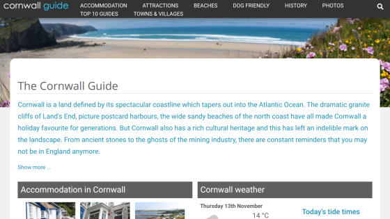 Cornwall Guide website with navigation menu, scenic coastline background, introduction text, accommodation options, and weather info.