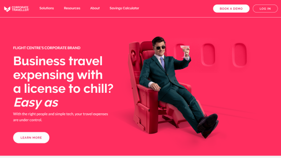 Corporate travel expense management service with a promotional message and call to action.