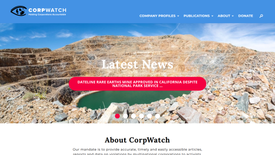 CorpWatch homepage featuring latest news and mission statement about corporate accountability.
