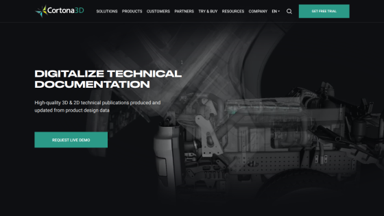 Cortona3D website offering digitalization of technical documentation with a call to action for a live demo