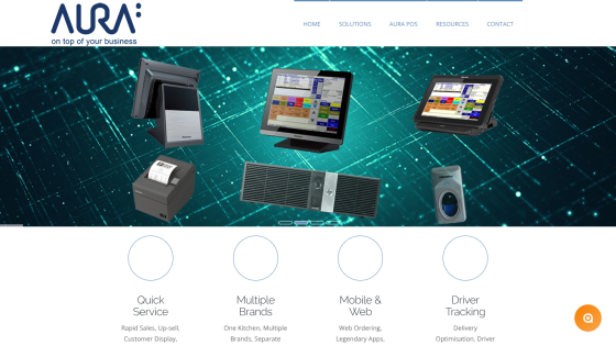 Aura POS website with navigation links and hero section showing POS hardware and features like Quick Service, Multiple Brands, Mobile & Web, Driver Tracking